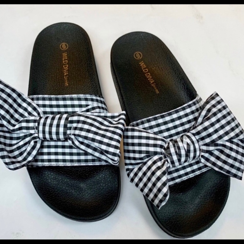 Wild Diva Black White Gingham Slide Sandal
